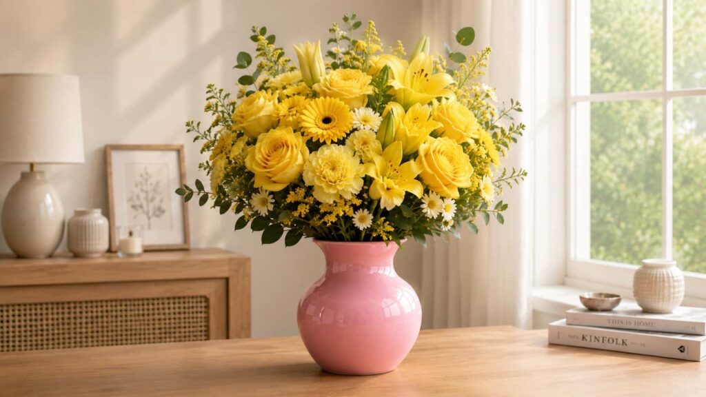  A heavy luxury bright yellow floral bouquet featuring yellow roses and gerbera daisies styled in a glossy millennial pink ceramic vase on an oak table.