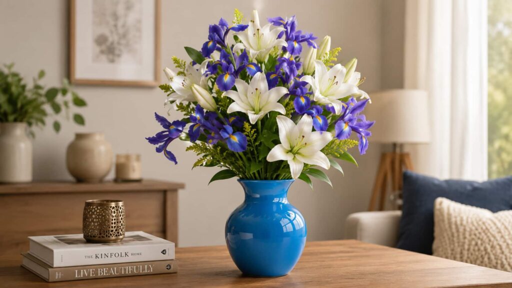 High-end white lilies and royal blue iris floral bouquet arranged in a sleek glossy blue porcelain vase on a rustic wood table.
