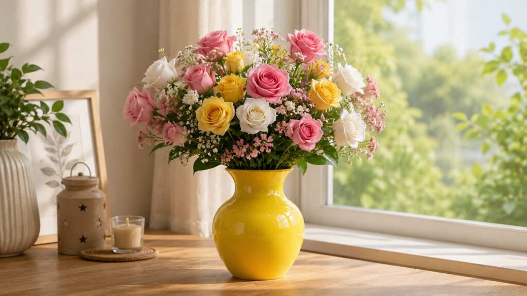 A romantic pastel rose arrangement featuring pink, yellow, and white garden roses in a sunshine yellow ceramic vase near a bright sunlit window.