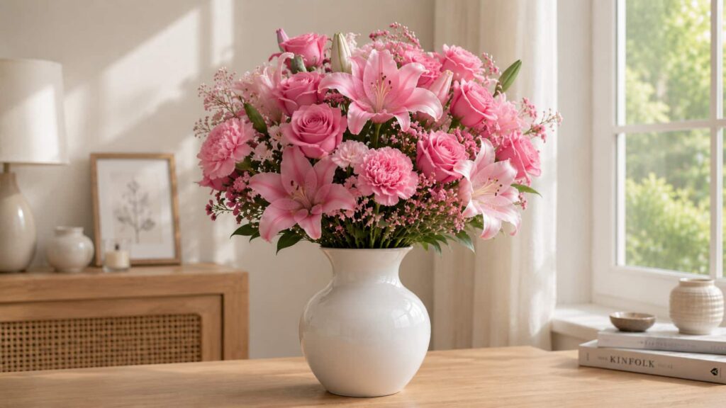 A premium monochromatic pink floral bouquet featuring pink lilies, garden roses, and carnations in a milky white porcelain vase.