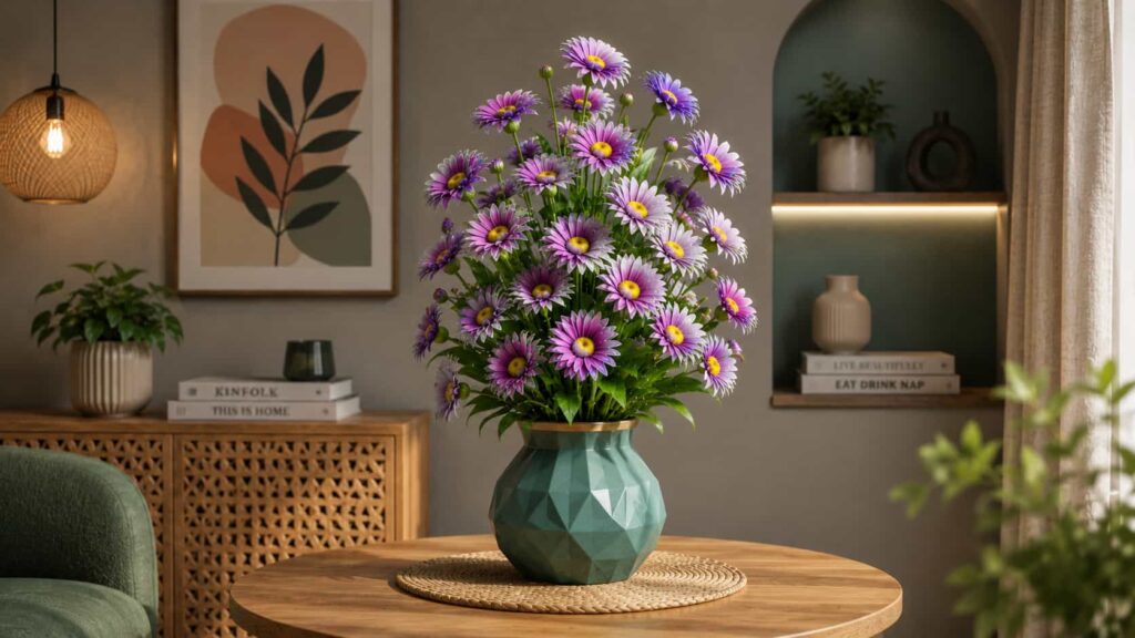 A luxury vibrant purple and magenta floral arrangement in an emerald green geometric faceted vase on a round wood dining table.