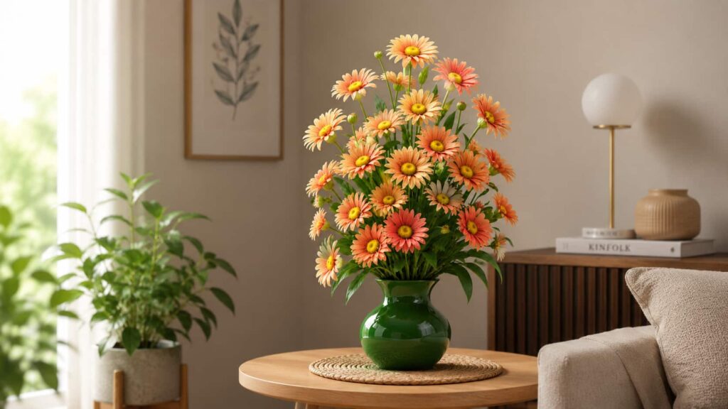 An organic apricot-colored daisy arrangement in a deep forest green glossy ceramic vase on a natural wood side table with a woven mat.
