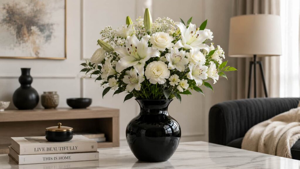 An ultra-luxury all-white floral arrangement with lilies, carnations, and alstroemeria in a sleek high-gloss black ceramic vase on a white marble table.