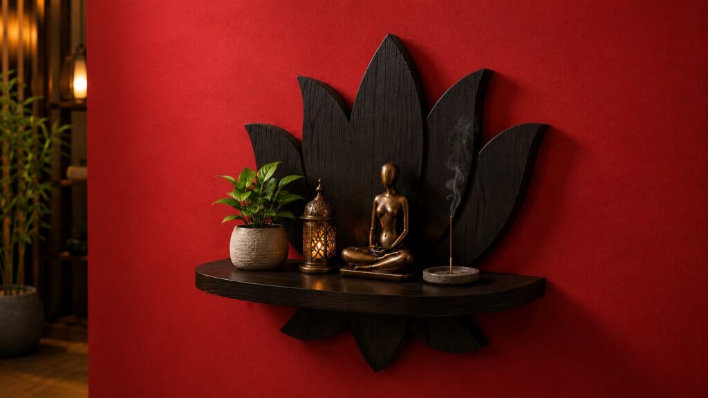 A premium black wood lotus floating wall shelf displayed on a rich crimson red painted wall, styled with a small green plant, an ornate gold lantern, a bronze abstract meditating figurine, and a smoking incense stick.