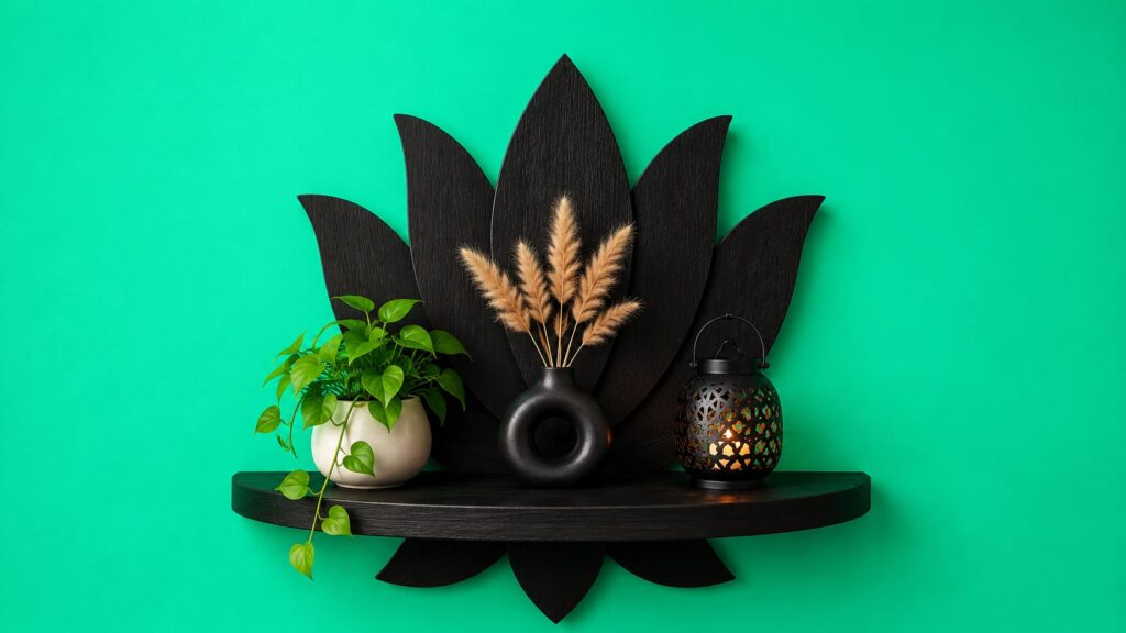  A black lotus floating wooden shelf styled with a green potted pothos plant, a circular black vase with dried bunny tails, and a black patterned iron lantern against a vibrant mint green wall.