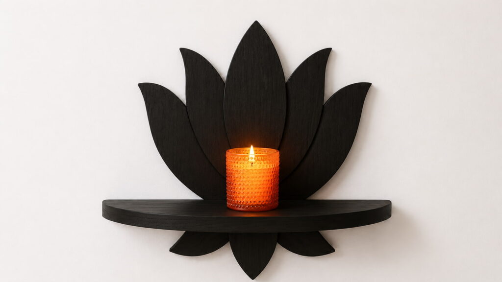 A minimalist styling of a black wood lotus flower wall shelf featuring a single vibrant amber glass textured candle lit at the center on a plain white backdrop.