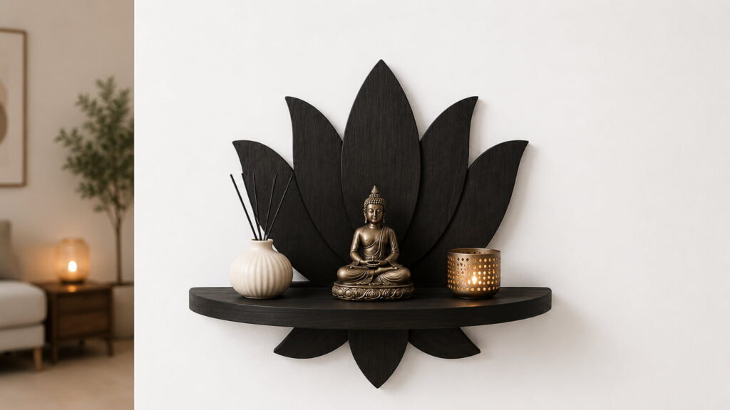 An ultra-professional close-up of a matte black lotus wall shelf holding a bronze Buddha statue, a white reed diffuser vase, and a perforated brass candle votive against a clean white wall.