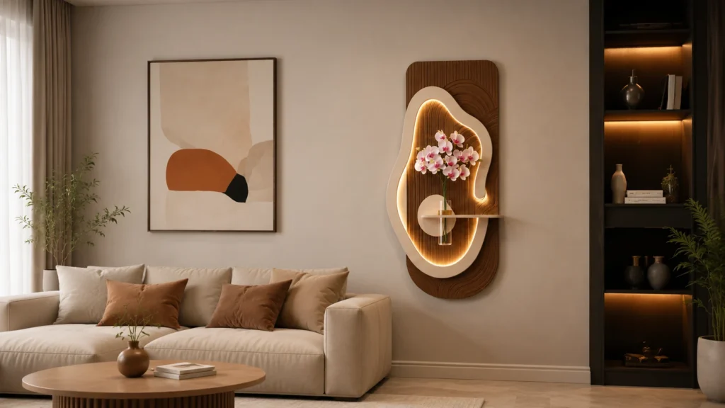 Luxury modern open-concept living room featuring an elongated warm neutral linen sectional sofa, a round light oak coffee table, and the sculptural illuminated walnut wall planter with fresh pink orchids mounted flawlessly as the primary accent wall centerpiece.]
