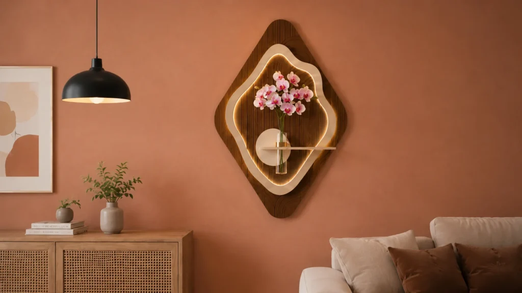  Contemporary earthy home staging showcasing a modern illuminated diamond-shaped walnut wall planter holding pink orchids mounted elegantly on a rich terracotta-toned painted accent wall above a modern rattan cane cabinet.]

