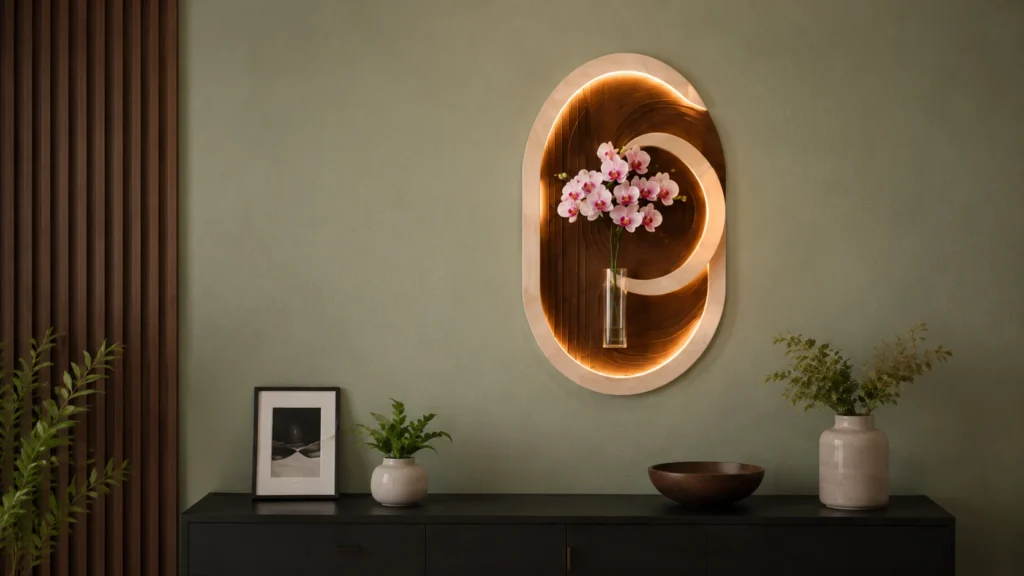 Serene modern entry console styling featuring an oval-shaped illuminated light-wood wall planter with orchids mounted flat against a smooth matte sage green wall adjacent to a contemporary fluted wood pillar.]
