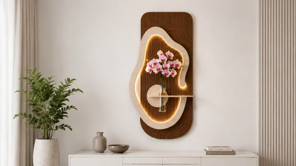  High-end modern white interior featuring a tall vertically oriented illuminated wood wall planter mounted above a sleek white lacquer media console, creating a clean gallery-like luxury display.]
