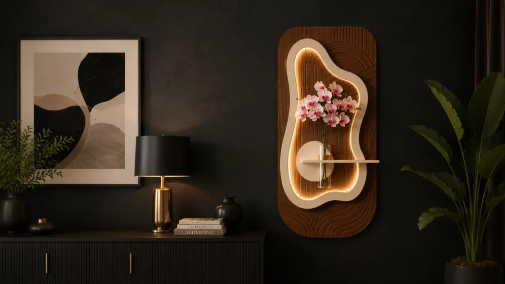 Moody, ultra-luxury dark interior design featuring the illuminated walnut wall planter with orchids mounted against a charcoal black painted accent wall, generating a dramatic museum-grade gallery glow.]
