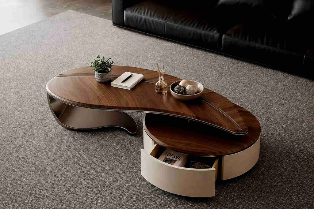 Styled leaf-shaped coffee table on a grey textured carpet featuring fresh white flowers