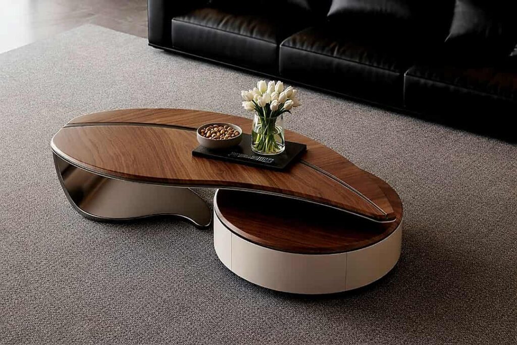 Contemporary leaf-shaped coffee table with open hidden storage drawer displaying magazines