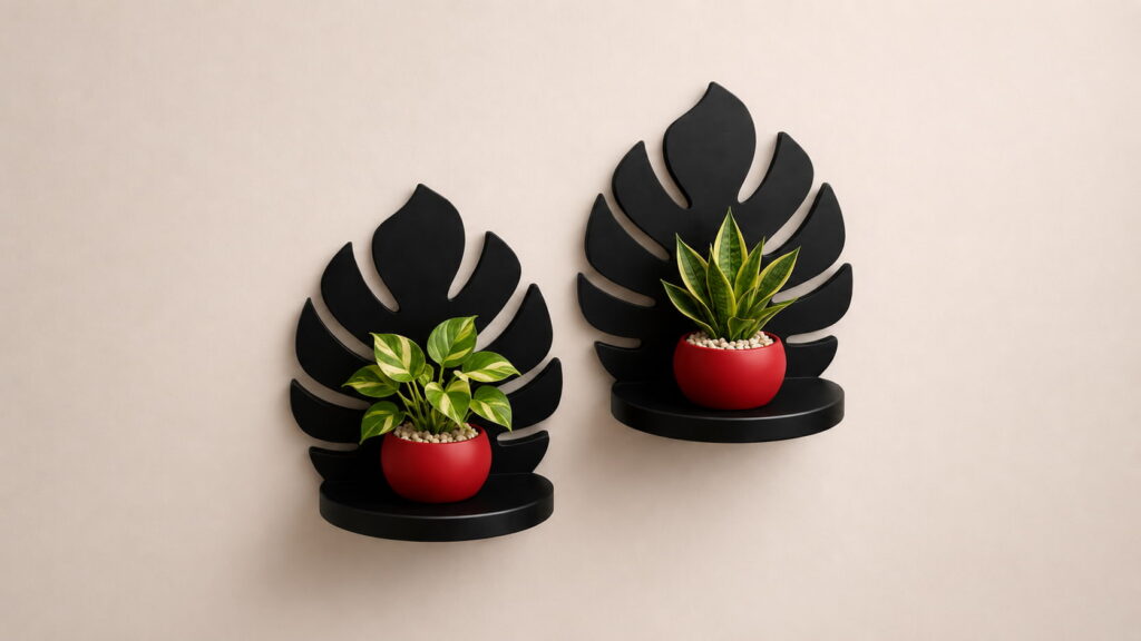 Tropical monstera leaf floating shelf with red plant pots displaying variegated pothos