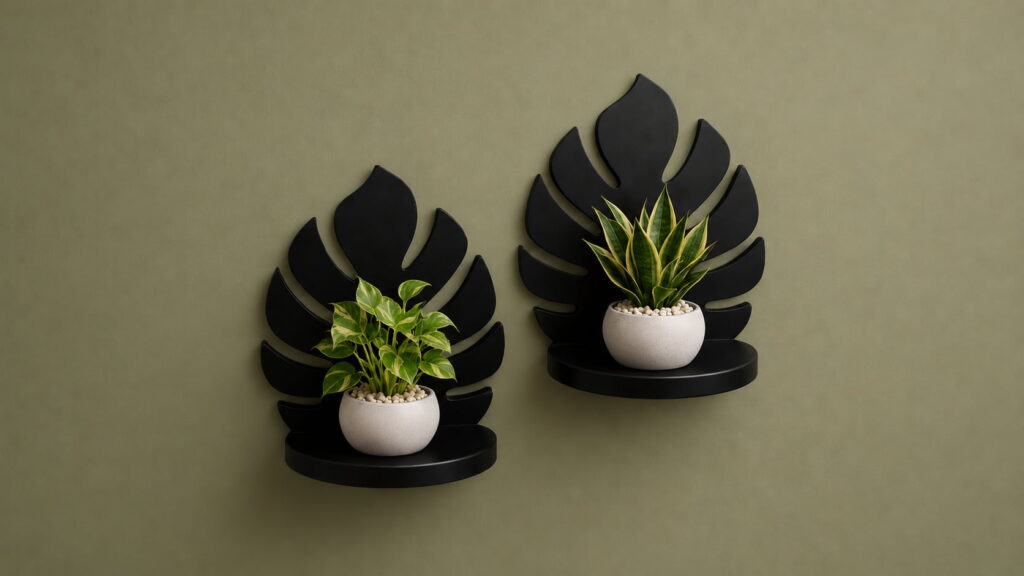 Contemporary black botanical wall decor with white ceramic planters on olive green background