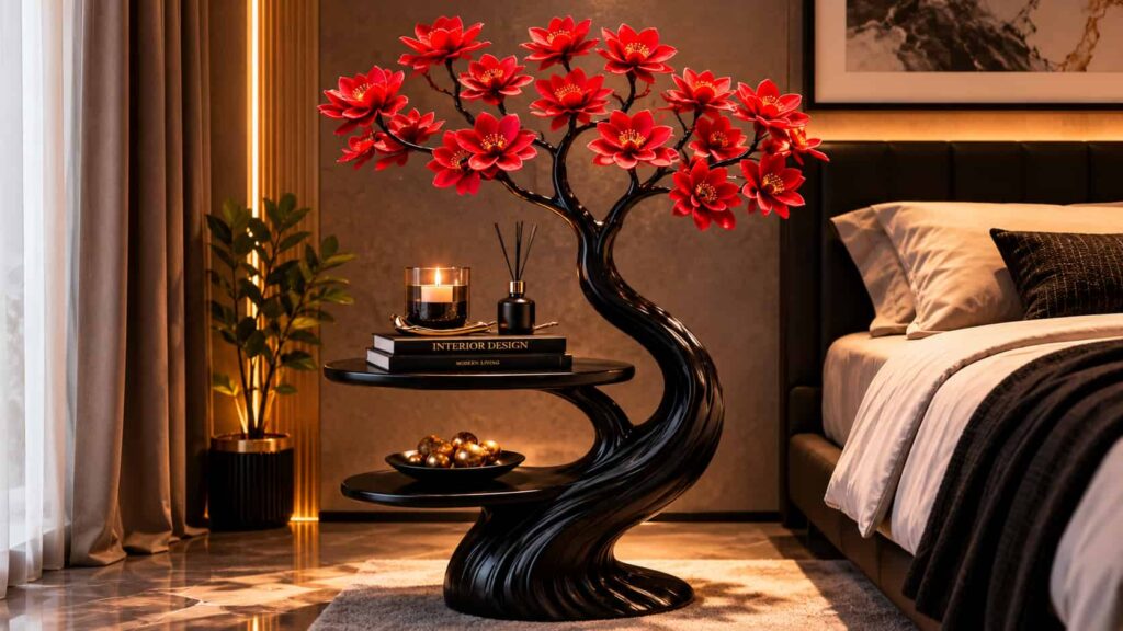 Sculptural tree side table with red flowers as a luxury nightstand in bedroom