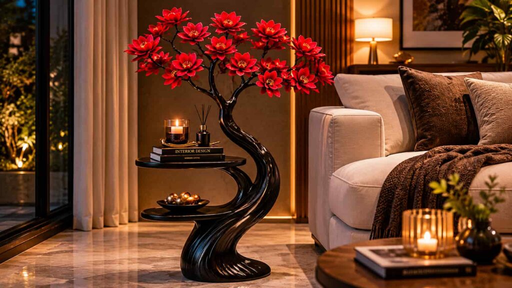 Modern tree-shaped accent table styled next to a luxury cream sofa in a biophilic living room