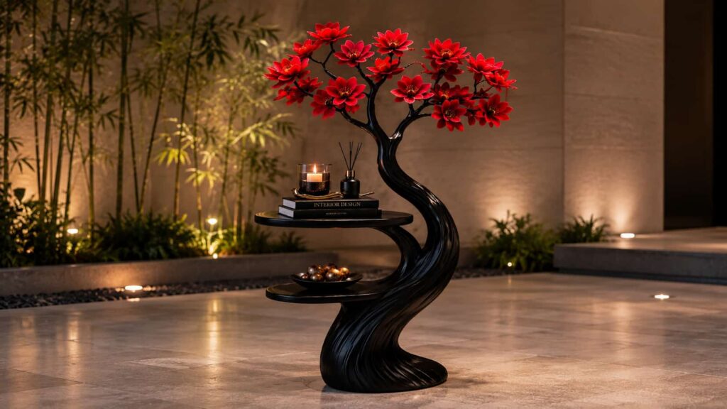 Zen outdoor patio courtyard decor featuring a sculptural tree branch table with red flowers