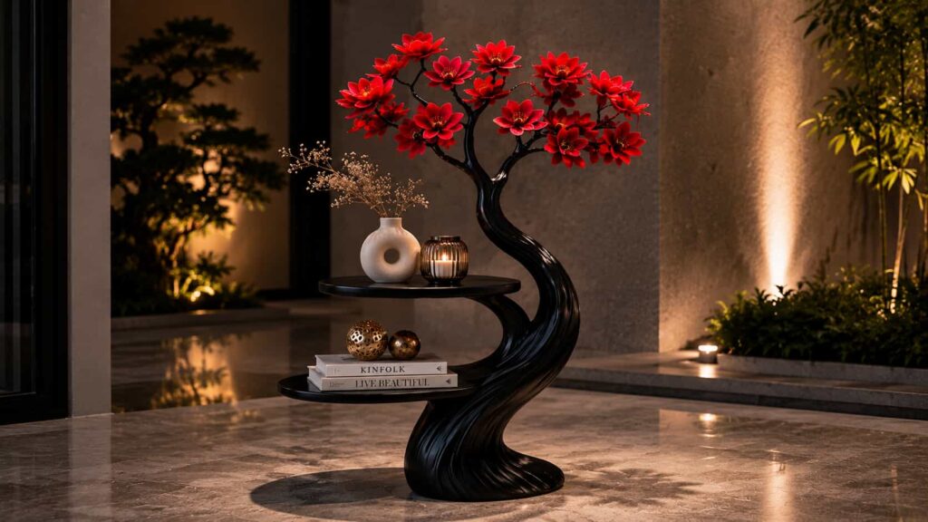 Luxury floral branch side table styled near modern floor to ceiling glass doors