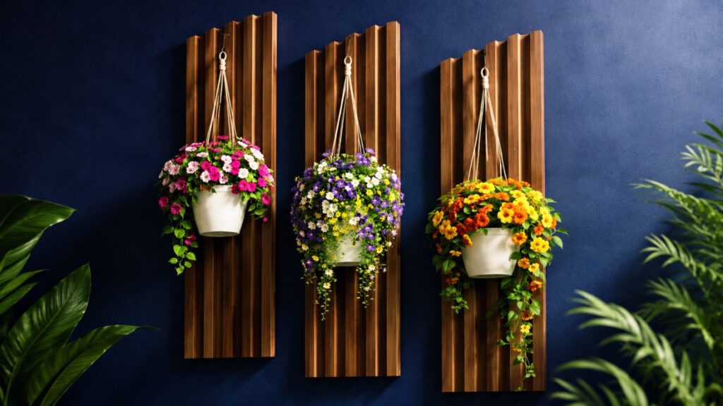 Modern fluted wooden wall panels with colorful hanging flower baskets against a rich royal blue wall finish