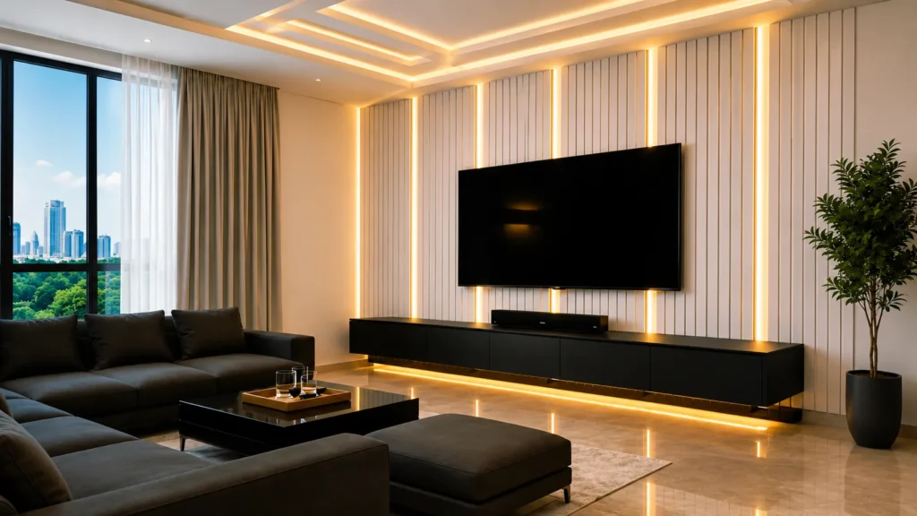 Modern luxury living room TV wall design with backlighting