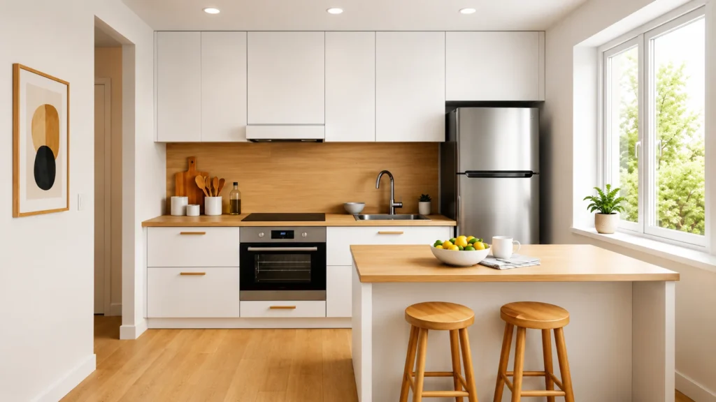 Minimalist Scandinavian kitchen design with wooden countertops