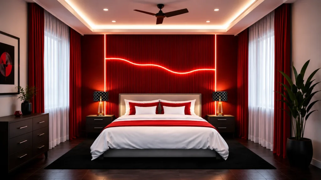 Luxury red bedroom interior design with neon wave accent wall