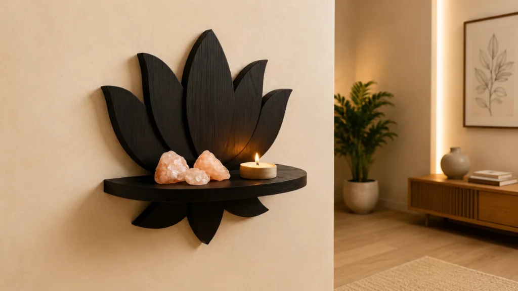 Black lotus flower wooden wall shelf for home decor