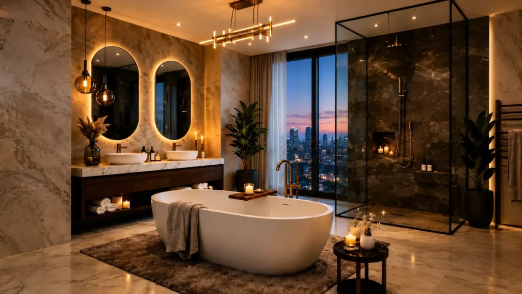 Elegant master bathroom interior with freestanding bathtub and LED mirrors
