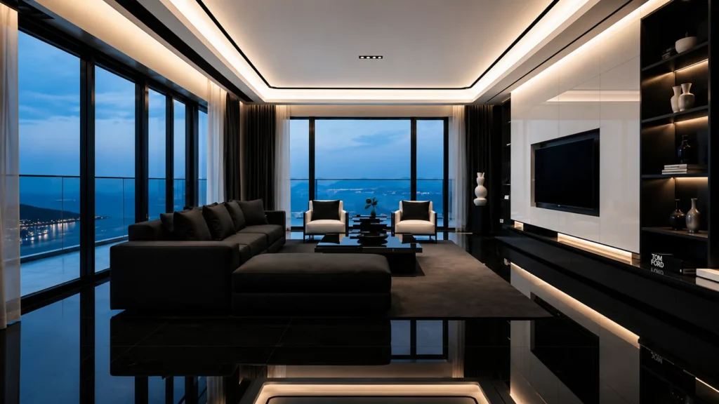 High-end penthouse living room with black marble floor and city view