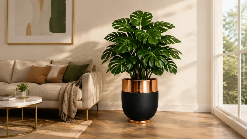 Luxury large indoor planters with gold trim