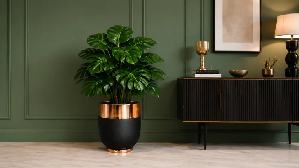 Premium luxury large indoor planters with a sleek metallic gold collar standing elegantly next to a dark fluted wood credenza sideboard against a deep olive green feature wall.