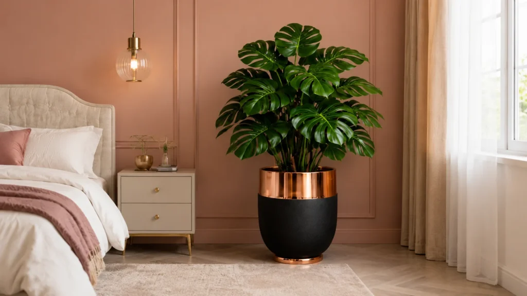 A heavy metallic-rimmed luxury large indoor planter holding a lush green Monstera plant situated beside a modern chic beige nightstand and upholstered bed frame in a dusty rose bedroom.