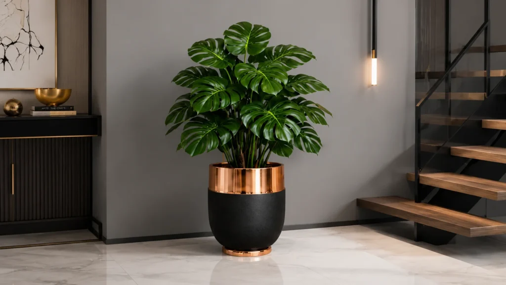 High-end luxury large indoor planters placed as an architectural focal point in a modern foyer next to a contemporary floating wooden staircase with a sleek glass railing.