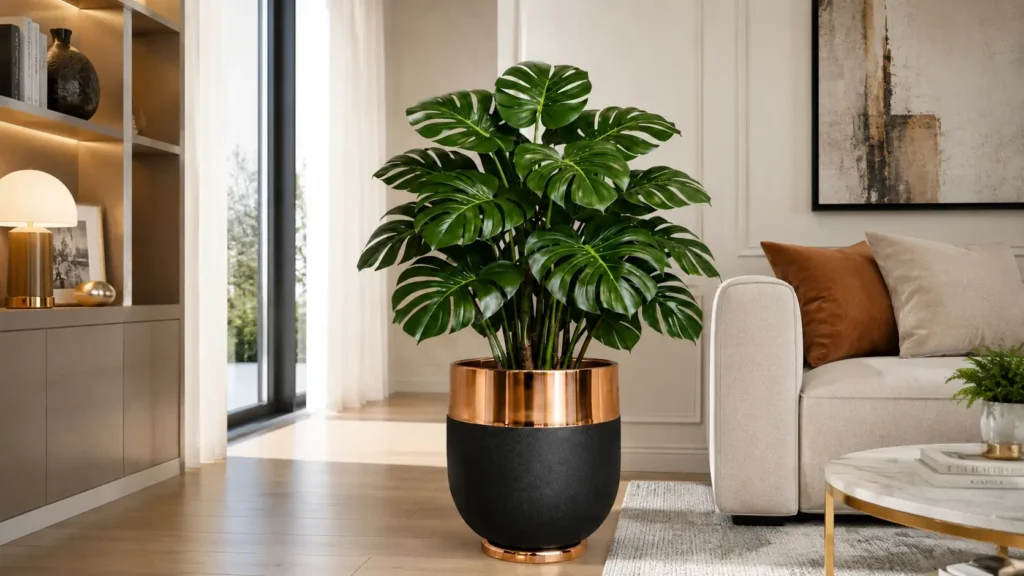 Sophisticated living room staging featuring a towering luxury large indoor planter with a copper finish collar positioned beside a modern off-white linen sectional sofa.