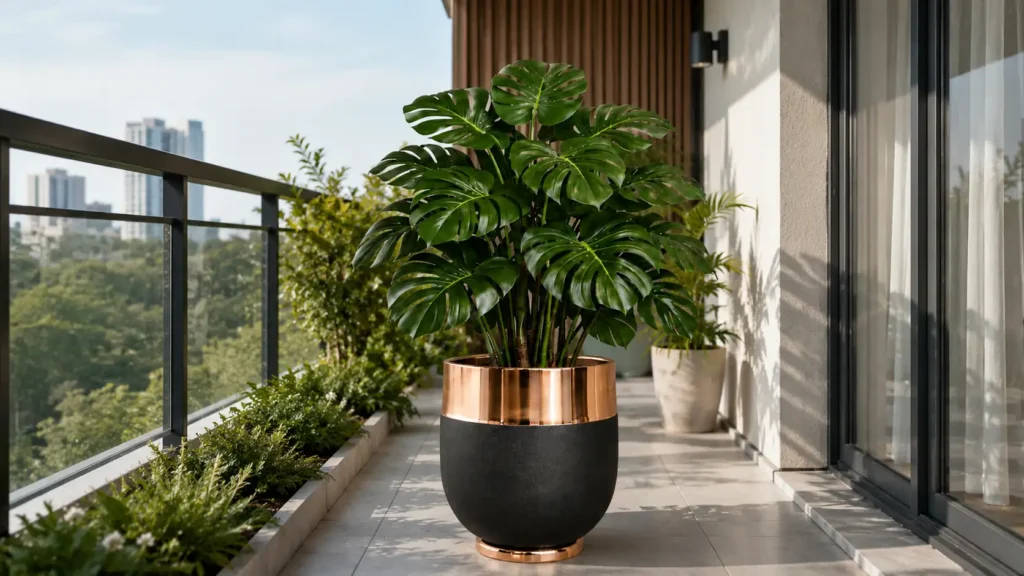Luxury large indoor planters adapted for a high-end high-rise apartment balcony overlooking a modern city skyline backdrop during mid-day.