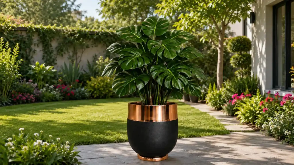 An estate garden patio showcasing a premium luxury large indoor planter container standing elegantly on custom stone tile flooring surrounded by a manicured lawn.