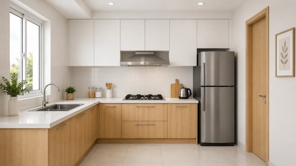 A bright contemporary kitchen with seamless white upper cabinets, light wood base drawers, an integrated stainless steel refrigerator, and a pristine white quartz countertop.