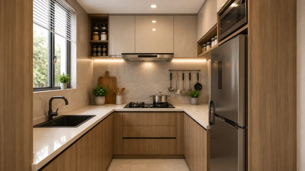 A premium small U-shaped kitchen utilizing space-saving cabinetry, integrated under-cabinet LED strip lighting, neutral beige backsplash tiles, and a built-in microwave unit.