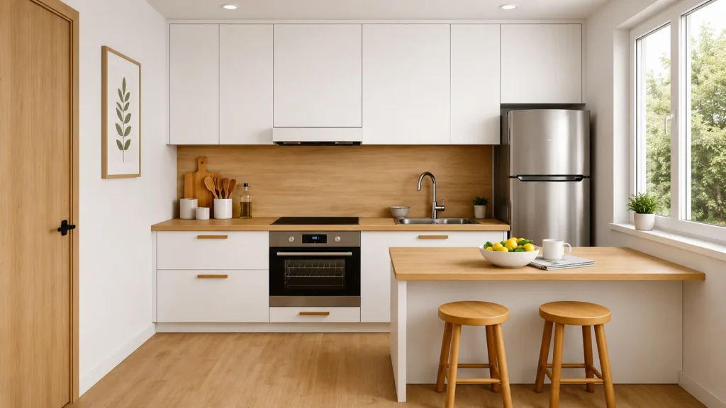 An open-concept modern kitchen with a smooth white accent island, integrated light oak wooden breakfast bar counter, and two minimalist matching wooden bar stools.