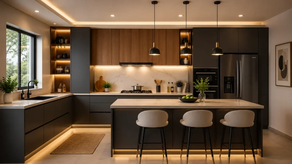 A luxury dark industrial kitchen featuring a massive matte grey island with a custom vertical-slatted wood base, marble countertops, under-counter illumination, and trio of black pendant lights.