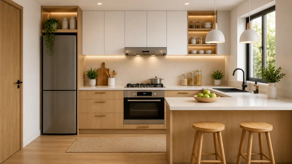 A soft organic modern kitchen displaying pale oak cabinetry, white countertops, dual large white dome pendant lights, and vibrant green potted herbs placed by a sunlit window.
