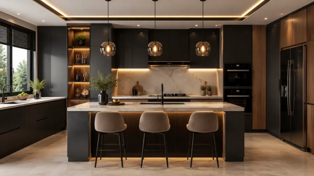 A sophisticated matte black modern kitchen with a stunning white marble slab backsplash, matching waterfall island, integrated glass orb pendant lights, and warm perimeter accent lighting.