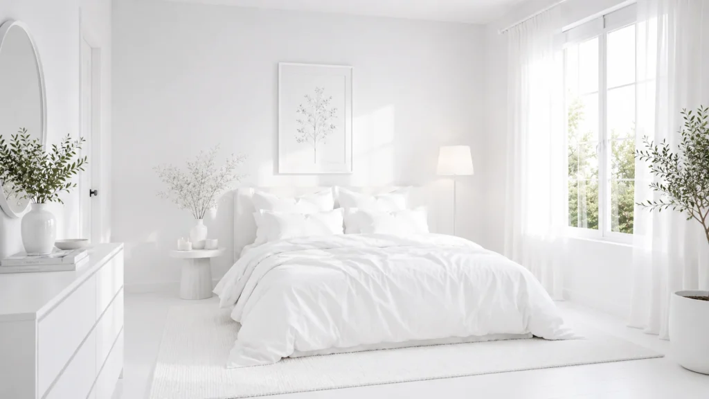 An organic modern white bedroom design featuring a plush white comforter, minimalist line art frames, a slender floor lamp, and fresh green olive plants.