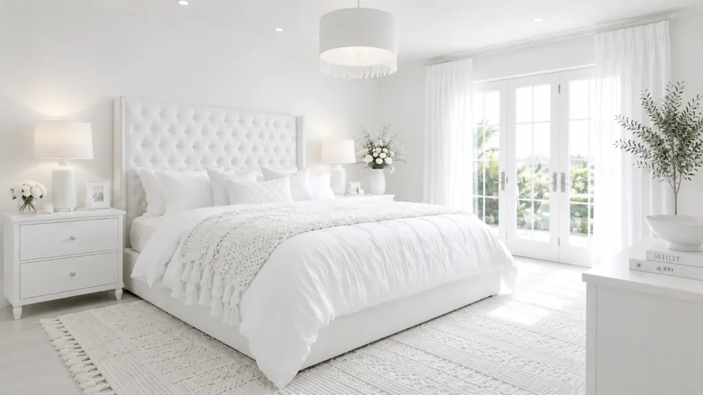 A luxurious white bedroom showcase highlighting an oversized tufted wingback headboard, a chunky knit throw blanket, and elegant French patio doors.