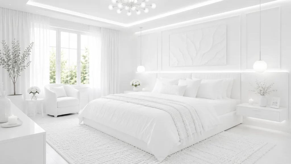 A contemporary white bedroom displaying a 3D sculptural plaster wall panel, floating bedside nightstands, and spherical pendant lights.