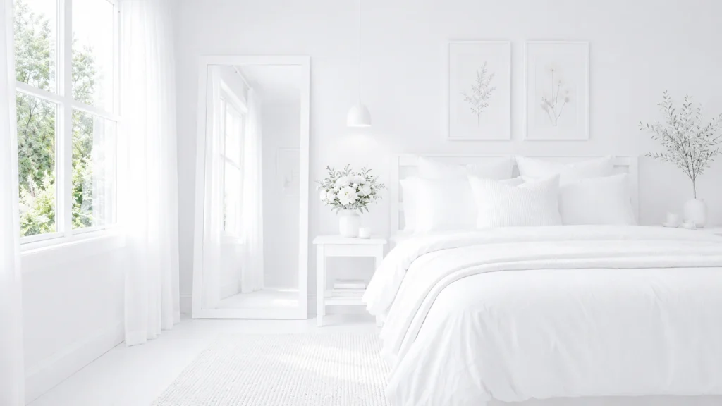 A bright open-concept white bedroom with an oversized leaning floor mirror reflecting natural daylight from large panoramic windows.