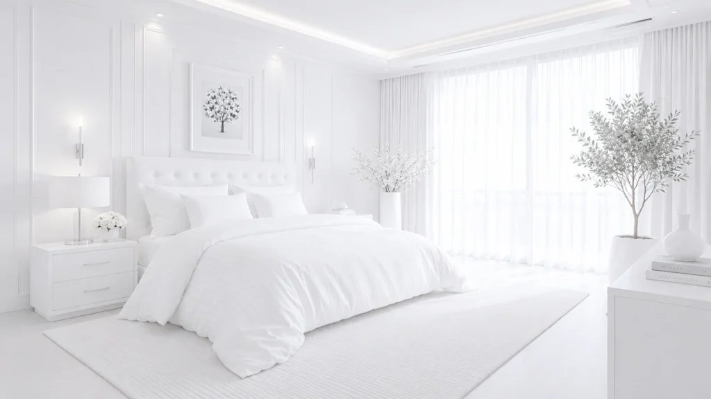 An elegant white bedroom interior showcasing custom wall moulding panels, a sleek white nightstand with a silver lamp, and high-end striped linen bedding.