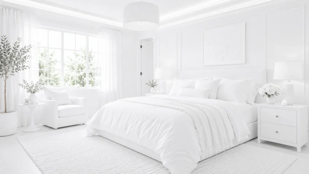 A spacious master bedroom suite featuring a plush white accent armchair reading nook next to a large window and a beautifully made bed setup.